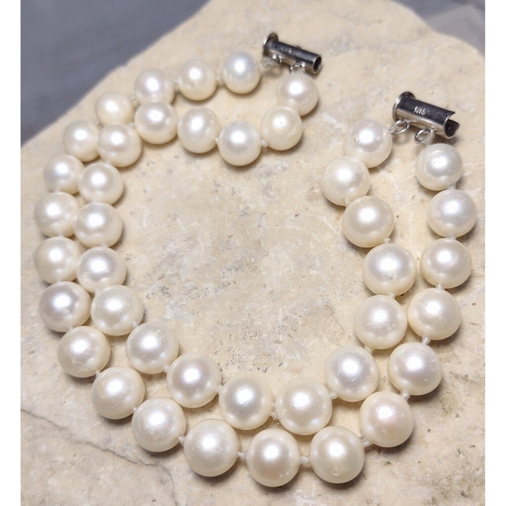 Genuine Cultured Pearl Sterling Silver Bracelet Hand knotted Double Strand 9mm
